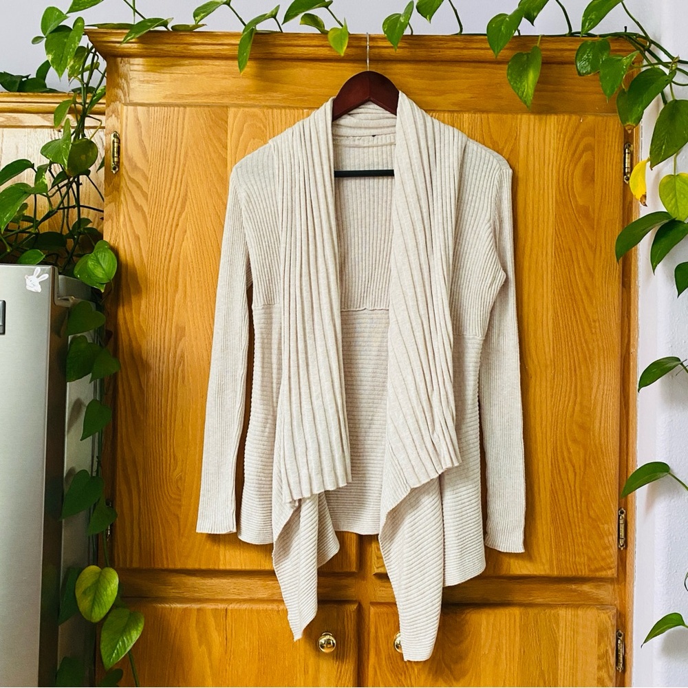 I.N.C. Neutral Hankerchief Asymmetrical Draped Ribbed Knit Open Cardigan Sweater